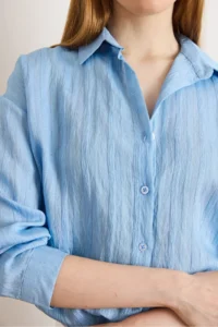 Olalook Women's Blue Textured Lightly Transparent Loose Fit Shirt - Image 5