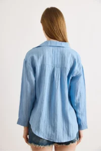 Olalook Women's Blue Textured Lightly Transparent Loose Fit Shirt - Image 6