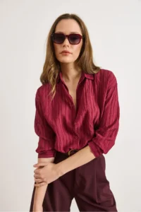 Olalook Women's Claret Red Textured Lightly Transparent Loose Fit Shirt - Image 3