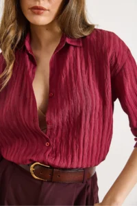 Olalook Women's Claret Red Textured Lightly Transparent Loose Fit Shirt - Image 4