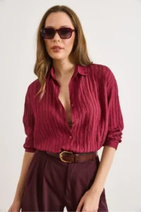 Olalook Women's Claret Red Textured Lightly Transparent Loose Fit Shirt - Image 5