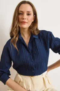 Olalook Women's Navy Blue Textured Lightly Transparent Loose Fit Shirt