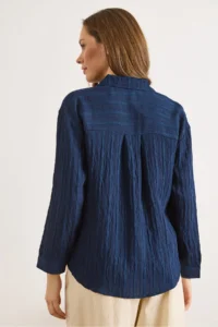 Olalook Women's Navy Blue Textured Lightly Transparent Loose Fit Shirt - Image 2