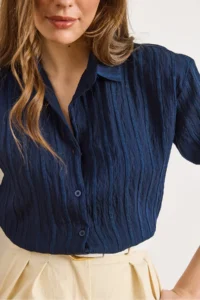 Olalook Women's Navy Blue Textured Lightly Transparent Loose Fit Shirt - Image 3
