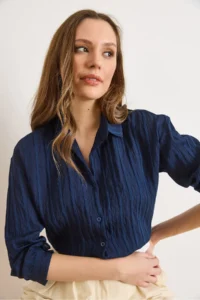 Olalook Women's Navy Blue Textured Lightly Transparent Loose Fit Shirt - Image 4