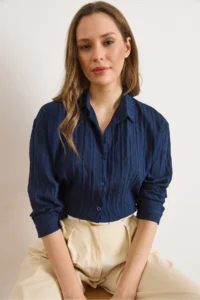 Olalook Women's Navy Blue Textured Lightly Transparent Loose Fit Shirt - Image 6