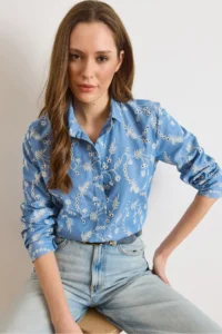 Olalook Women's Light Blue Ivy Scalloped Denim Look Shirt