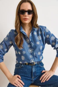 Olalook Women's Blue Big Floral Embroidered Denim Look Shirt