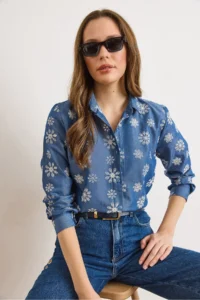 Olalook Women's Blue Big Floral Embroidered Denim Look Shirt - Image 2