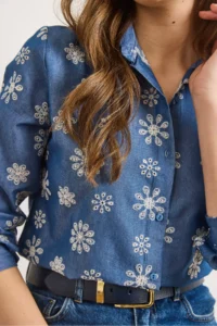 Olalook Women's Blue Big Floral Embroidered Denim Look Shirt - Image 3