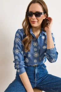 Olalook Women's Blue Big Floral Embroidered Denim Look Shirt - Image 4