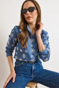 Olalook Women's Blue Big Floral Embroidered Denim Look Shirt - Image 5