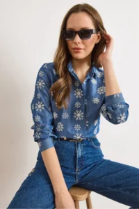 Olalook Women's Blue Big Floral Embroidered Denim Look Shirt - Image 6