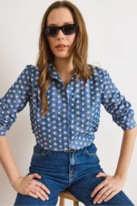 Olalook Women's Dark Blue Tiny Floral Embroidered Denim Look Shirt