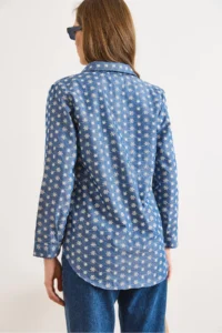 Olalook Women's Dark Blue Tiny Floral Embroidered Denim Look Shirt - Image 2
