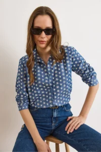 Olalook Women's Dark Blue Tiny Floral Embroidered Denim Look Shirt - Image 3