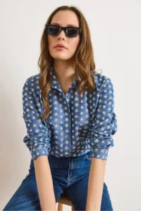Olalook Women's Dark Blue Tiny Floral Embroidered Denim Look Shirt - Image 4