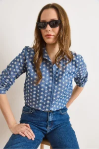 Olalook Women's Dark Blue Tiny Floral Embroidered Denim Look Shirt - Image 5