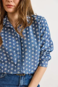 Olalook Women's Dark Blue Tiny Floral Embroidered Denim Look Shirt - Image 6