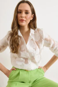 Olalook Women's White Petunia Embroidered Transparent Shirt