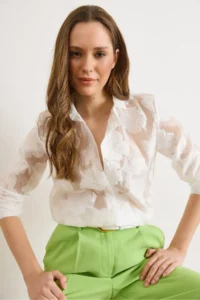 Olalook Women's White Petunia Embroidered Transparent Shirt - Image 4