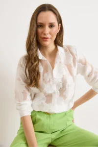 Olalook Women's White Petunia Embroidered Transparent Shirt - Image 6