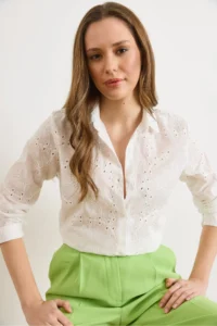 Olalook Women's White Ivy Scalloped Semi-Transparent Shirt