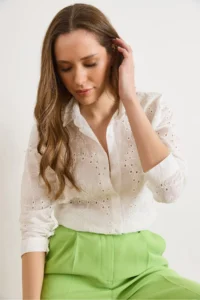 Olalook Women's White Ivy Scalloped Semi-Transparent Shirt - Image 6