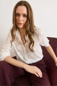 Olalook Women's White Suzene Detailed Embroidered Transparent Shirt - Image 7