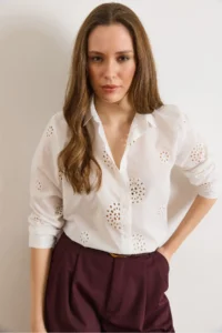 Olalook Women's White Chrysanthemum Scalloped Semi-Transparent Shirt - Image 3