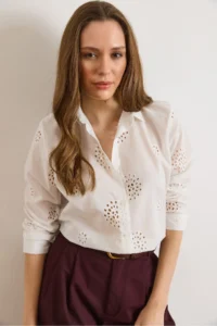 Olalook Women's White Chrysanthemum Scalloped Semi-Transparent Shirt - Image 4