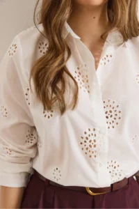 Olalook Women's White Chrysanthemum Scalloped Semi-Transparent Shirt - Image 5