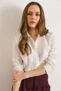 Olalook Women's White Chrysanthemum Scalloped Semi-Transparent Shirt - Image 6