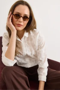 Olalook Women's White Begonia Sequined Semi-Transparent Shirt