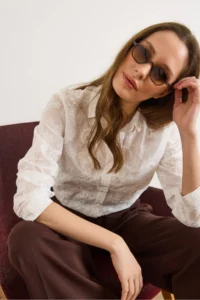 Olalook Women's White Begonia Sequined Semi-Transparent Shirt - Image 3