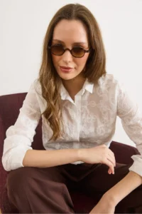 Olalook Women's White Begonia Sequined Semi-Transparent Shirt - Image 4