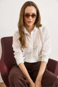 Olalook Women's White Begonia Sequined Semi-Transparent Shirt - Image 6