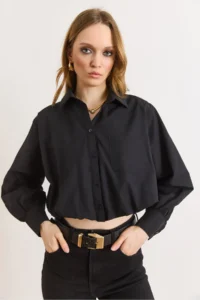 Olalook Women's Black Lined Overalls Pleated Crop Shirt - Image 2