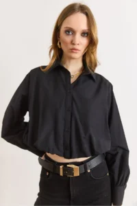 Olalook Women's Black Lined Overalls Pleated Crop Shirt - Image 6