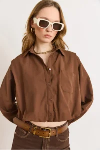 Olalook Women's Brown Lined Overalls Pleated Crop Shirt