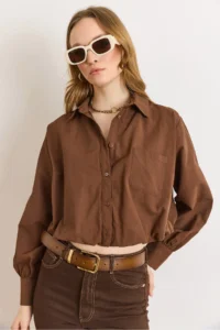 Olalook Women's Brown Lined Overalls Pleated Crop Shirt - Image 2