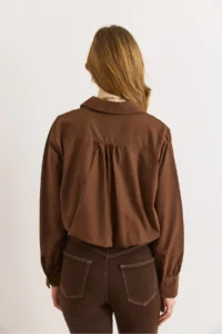 Olalook Women's Brown Lined Overalls Pleated Crop Shirt - Image 5