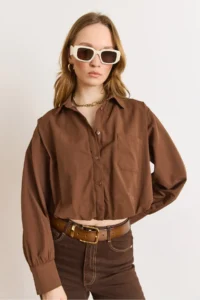 Olalook Women's Brown Lined Overalls Pleated Crop Shirt - Image 6