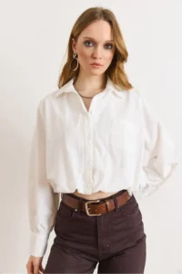 Olalook Women's White Lined Overalls Pleated Crop Shirt - Image 2