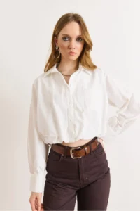 Olalook Women's White Lined Overalls Pleated Crop Shirt - Image 3