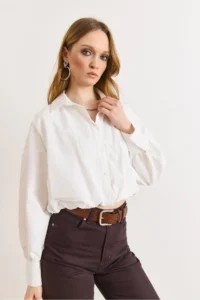 Olalook Women's White Lined Overalls Pleated Crop Shirt - Image 4