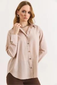 Olalook Women's Stone Cuff Detailed Comfortable Fit Shirt