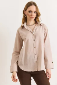 Olalook Women's Stone Cuff Detailed Comfortable Fit Shirt - Image 2