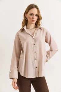 Olalook Women's Stone Cuff Detailed Comfortable Fit Shirt - Image 3