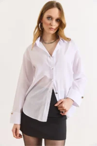 Olalook Women's White Cuff Detailed Comfortable Shirt